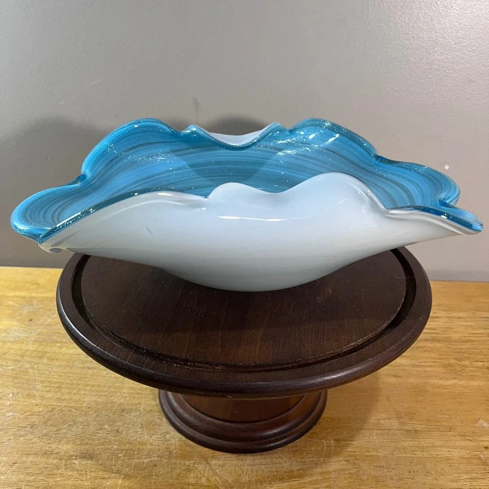 Murano Art Glass Console Bowl Blue White Vtg Swirl Ruffled Glitter 12.5